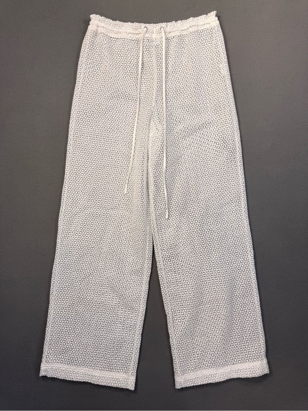 Mistress Rocks Sheer Wide Leg Crochet Knit Pants in White, Milk Silk, Medium